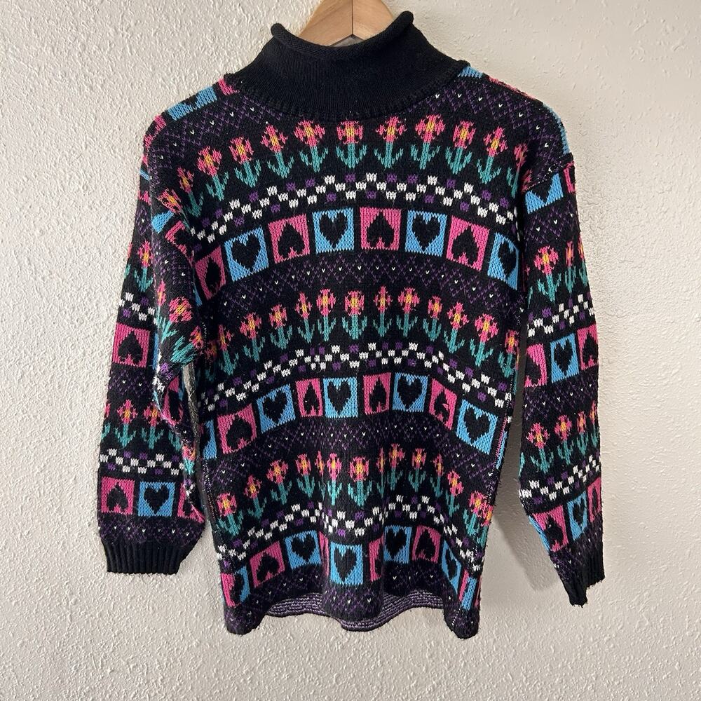 HONORS 80s 90s Women's L 10/12 Black Colorful Floral Heart Knit Pullover Sweater